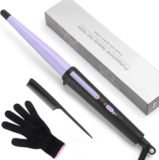 Hair Curling Iron, Tapered Curling Wand, Professional 0.5-1Inch Ceramic Hair Curler Wand with Heat-Resistant Glove, Dual Voltage