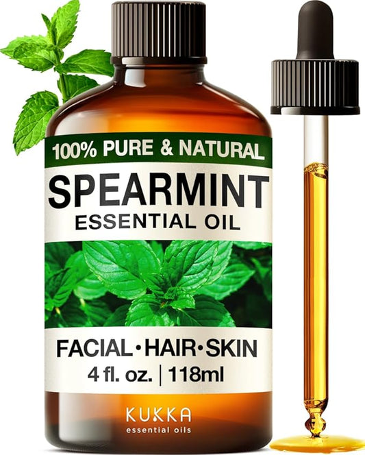 Kukka Spearmint Essential Oil for Facial Hair & Skin Care - 4 Fl Oz, 100% Pure Natural Aromatherapy Oil for Mother's Day Gifts, Diffusers, Bath Bombs, Soaps & Candles - DIY & Soap Making