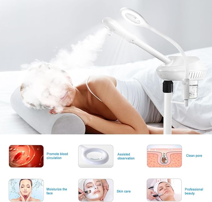 Professional 2 in 1 Facial Steamer for Ozone Humidifier Atomizer Attach 5× Magnifier and Light, Face Steamer Clean Skin Firming Pores and Moisturizing Suitable for a Beauty, Spa, at Home