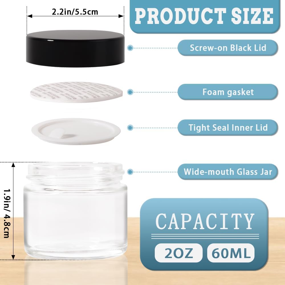 3 pack 2oz Glass Jars Round Empty Cosmetic Containers, Refillable Glass Jars with Lids for Face Creams, Lotions, Powders,Salves Ointments,Potravel Storage