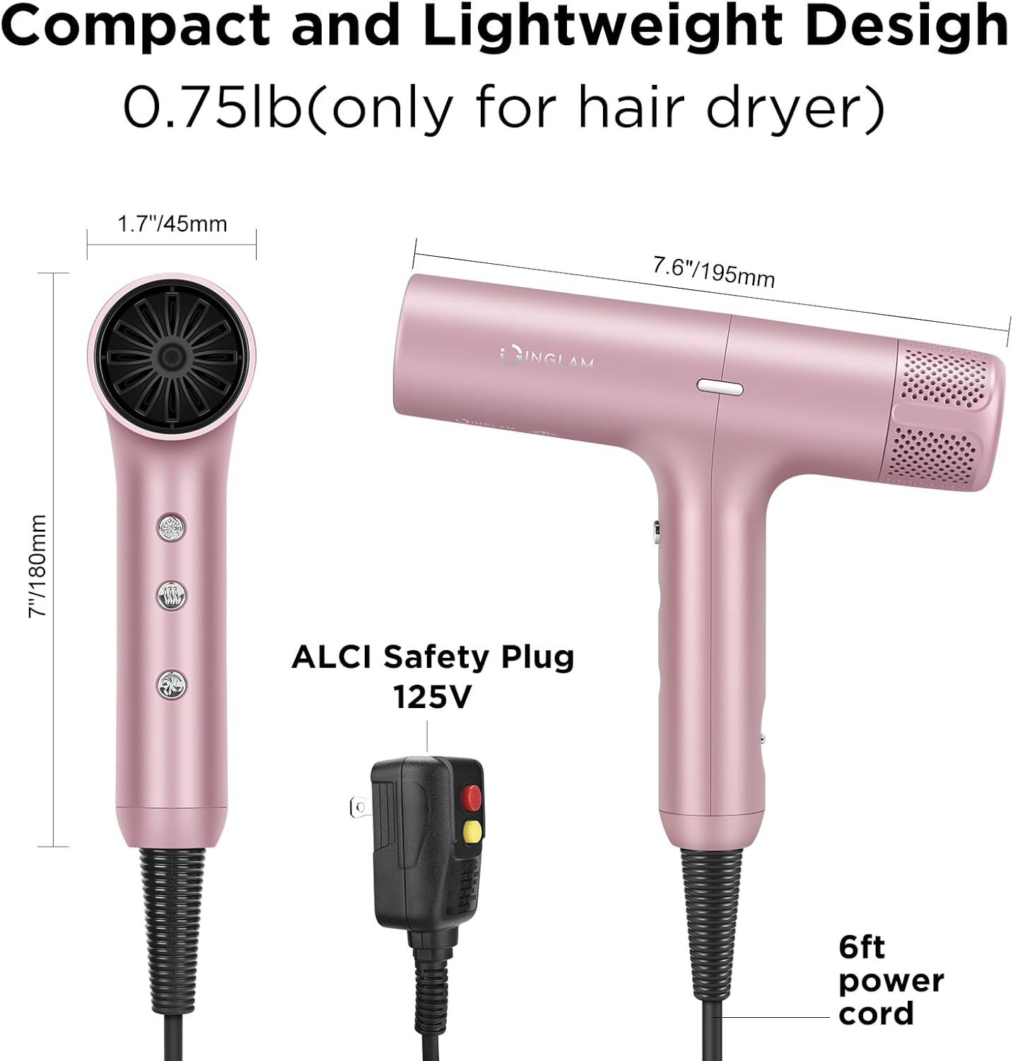 Hair Dryer, IG INGLAM 110, 000 RPM High-Speed Blow Dryer with LED Display, 1300W Low Noise Negative Ionic Hairdryer, 3 Temps & 3 Speeds Cool Switch & Memory Function, Lightweight, Rose Pink