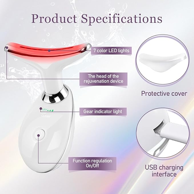 7 Color Facial and Neck Massager, Multifunctional Facial Skin Care Tool, Face Neck Massager for Daily Skin Care Routine, Facial Massager Tool (White)