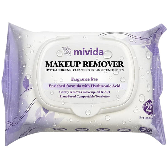 mivida Hypoallergenic Makeup Remover Wipes with Hyaluronic Acid | Gentle on All Skin Types | Fragrance-Free & Alcohol-Free, 25 Count | Plant Based Wipes