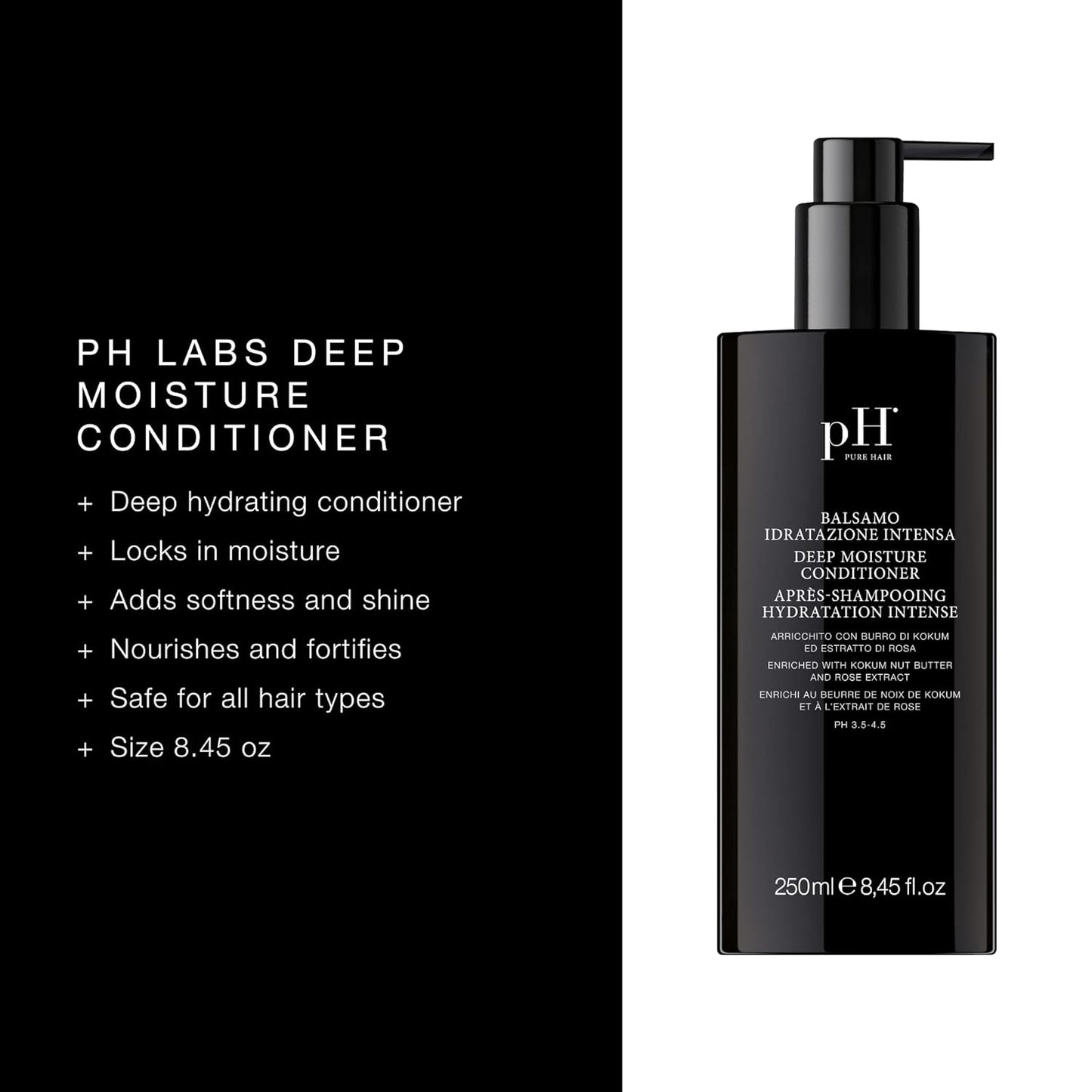 pH PURE HAIR Deep Moisture Conditioner - Intense Hydration for Dry, Damaged Hair - Deep Conditioning Treatment with Kokum Nut Butter & Rose Extract for Frizz-Free, Soft, Smooth Hair - 8.45 Oz