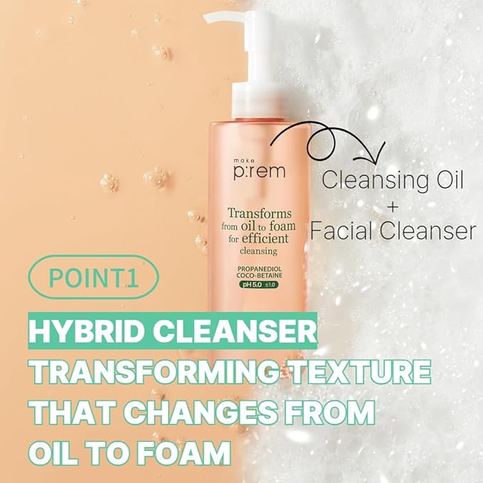 MAKE P:REM Safe Me. Oil to Foam Cleanser, Gentle Transforming Cleanser for Sensitive Skin, Korean Skin Care, 6.76 fl.oz. / 200ml