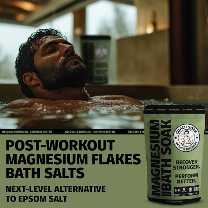 Coach Soak: Recovery Bath Soak – Rejuvenating Post Workout Natural Magnesium Flakes - 21 Minerals, Essential Oils & Dead Sea Bath Salts - Absorbs Faster Than Epsom Salts, 3lbs (Eucalyptus Tea Tree)