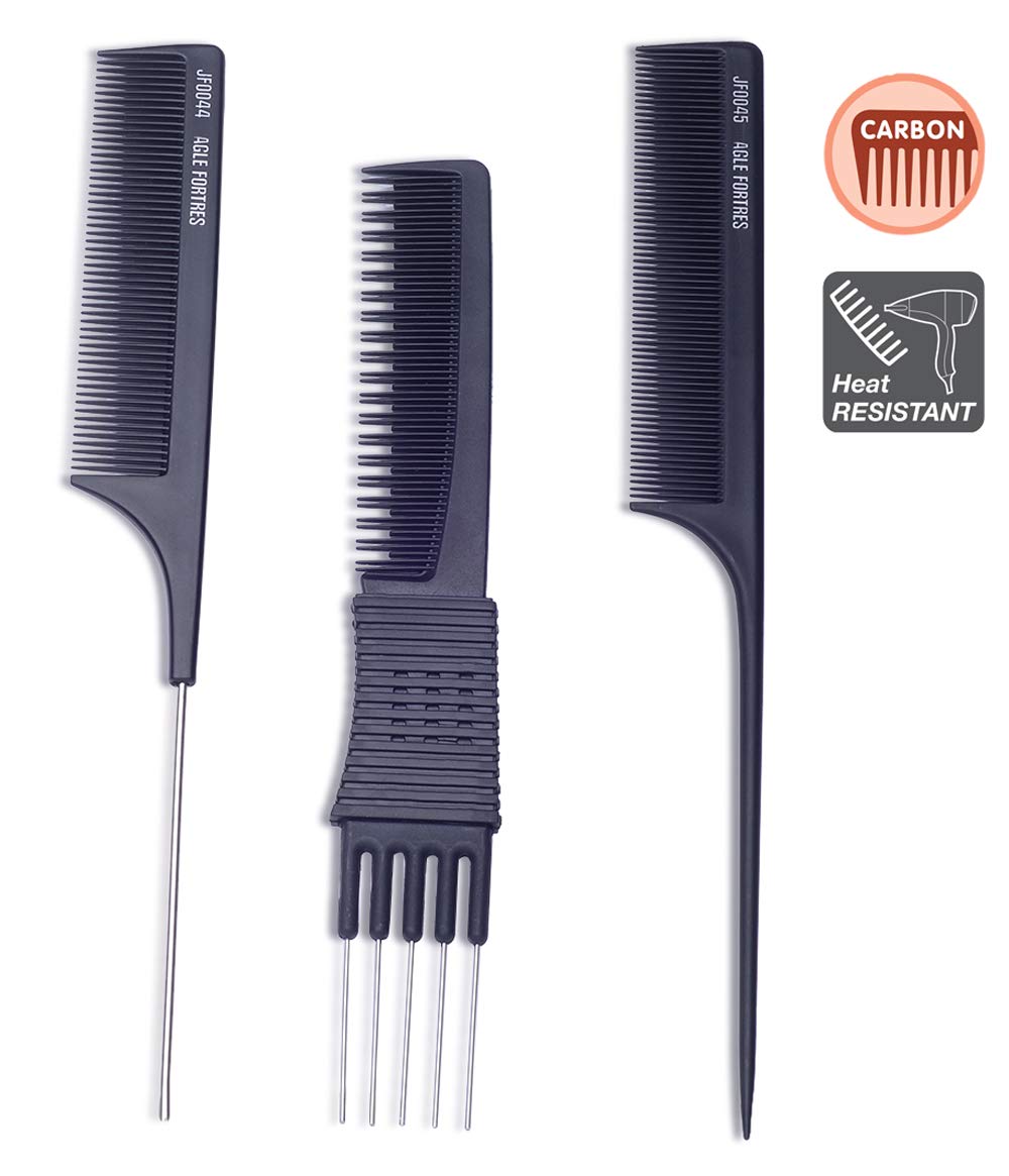 PERFEHAIR Teasing Comb for Fine Hair, (3-pack) Rat Tail Backcombing Volumizing Parting Wave Combs Tools for Women with Metal Pick