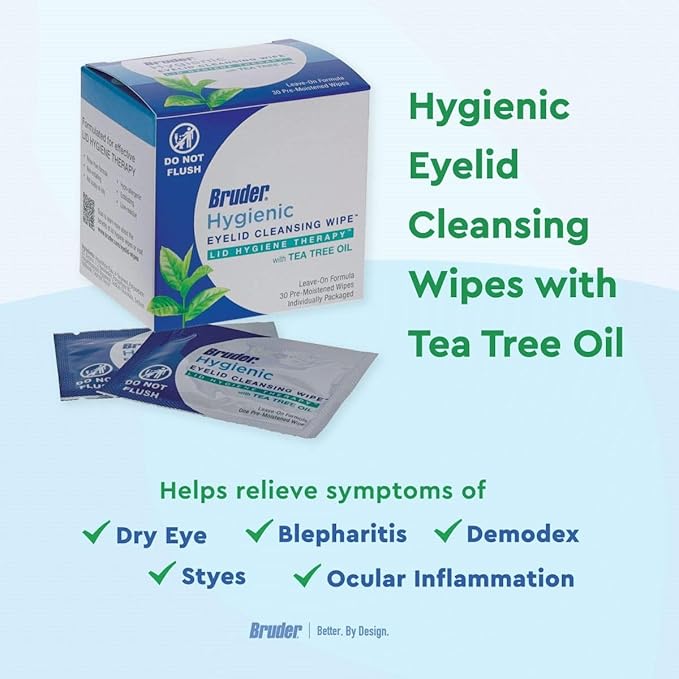 Hygienic Eyelid Cleansing Wipes with Tea Tree Oil l Relief from Demodex l Pre-Moistened, Rinse-Free Exfoliating Wipes Remove Excess Oil and Debris from Eyelids & Lashes l 30 Count Box (3 Pack)