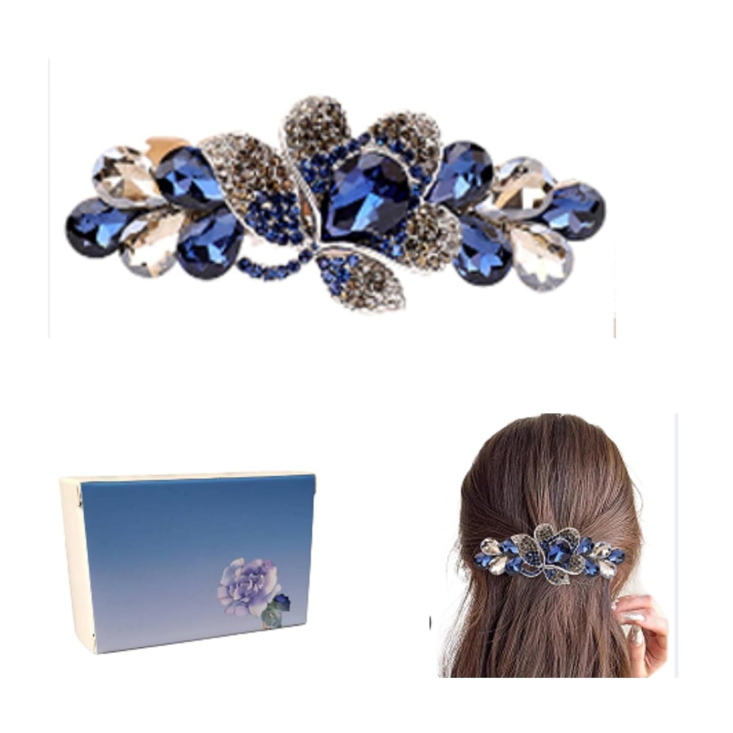 A crystal hairpin with box, Elegant Crystal Hair Barrette, Blue and Silver Rhinestone Flower Design, Large Metal Hair Clip for Women and girls.