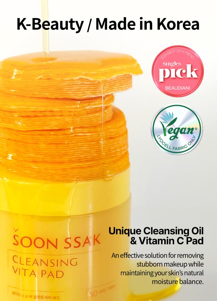 BEAUDIANI Soonssak Vitamin C Cleansing Pads, 50 Count – One-Swipe Makeup Remover, Low-pH 5.3, Embossed Exfoliating Wipes, Hydrating Lyocell, No-Rinse, Sensitive Skin, Korean Skincare