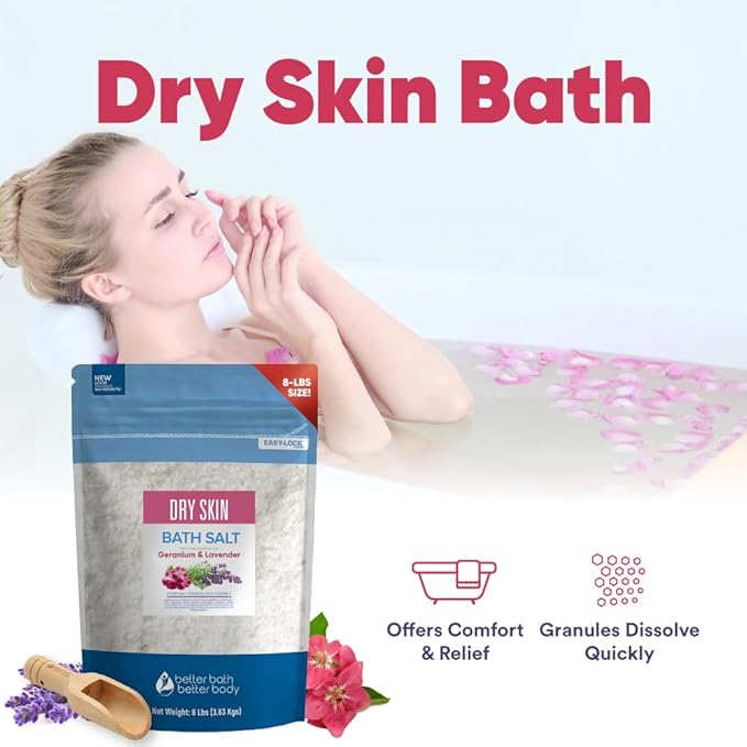Dry Skin Bath Salt 128 Ounces Epsom Salt with Natural Geranium, Lavender, Ylang Ylang, and Lemon Essential Oils Plus Vitamin C in BPA Free Pouch with Easy Press-Lock Seal