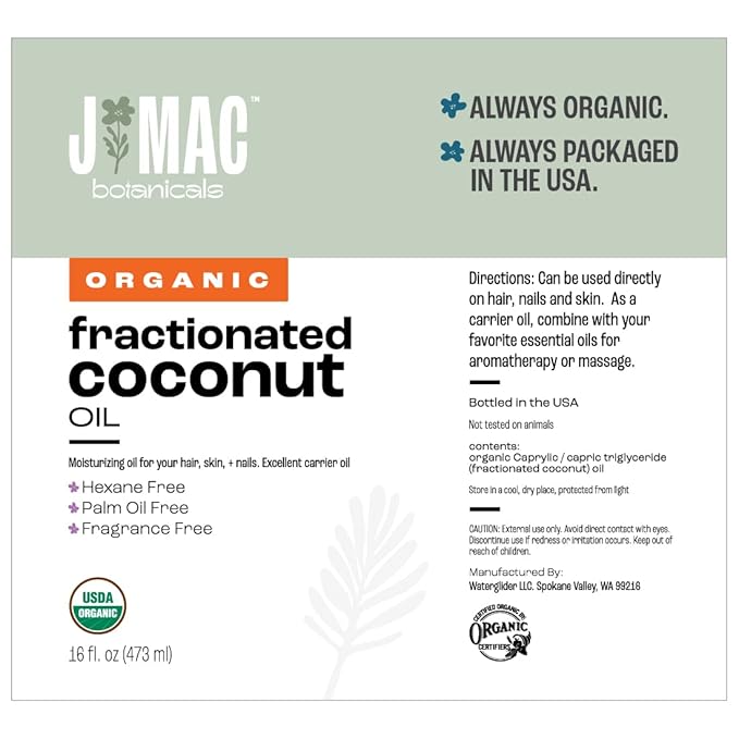 J MAC BOTANICALS, Organic Fractionated Coconut Oil (16 Oz.) Carrier oil for diluting essential oils, leave in conditioner for dry damaged hair, skin, massage