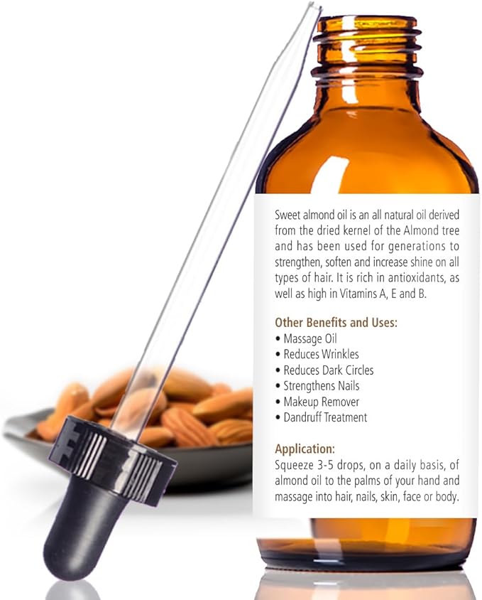 Organic Sweet Almond Oil MOISTURIZER - in 4 oz Glass Bottle with Dropper | Unrefined Cold Pressed Skincare Lotion | Essential Natural Personal Massage Oils for The Skin and Body