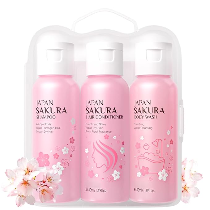 Sakura Bath Sets Teen Girls Gifts - Spa Gifts for Women - Bath Gift Set for Girls - Nourishing Gift Basket for Mom - Travel Size Toiletries for Women with Body Wash,Shampoo, Conditioner (3pcs)
