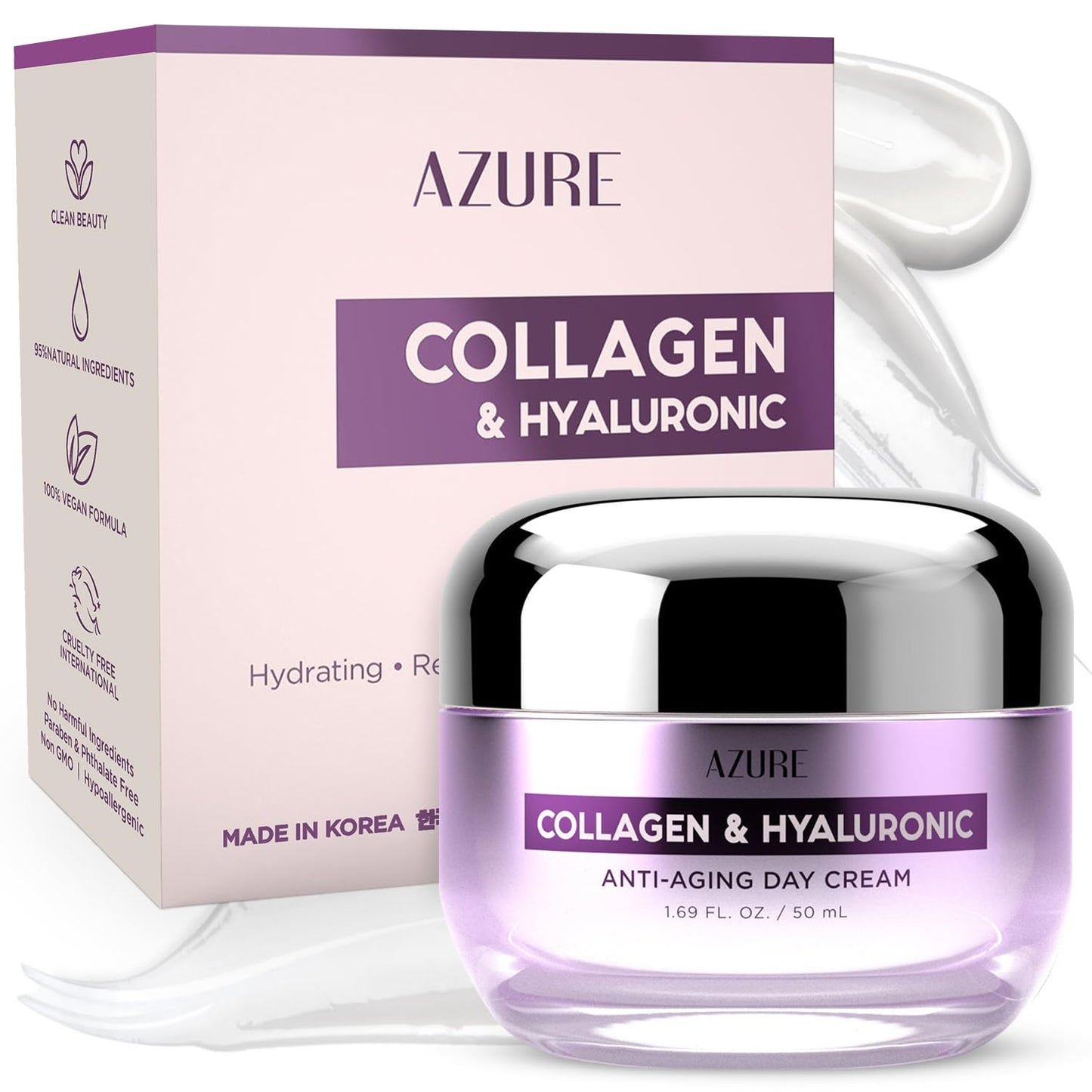 Azure Cosmetics Collagen & Hyaluronic Acid Face Moisturizer - Dermatologist Tested, Anti-Aging Cream for Fine Lines & Wrinkles - Ultra Hydrating Face Cream - Korean Skin Care - All Skin Type - 1.69 oz