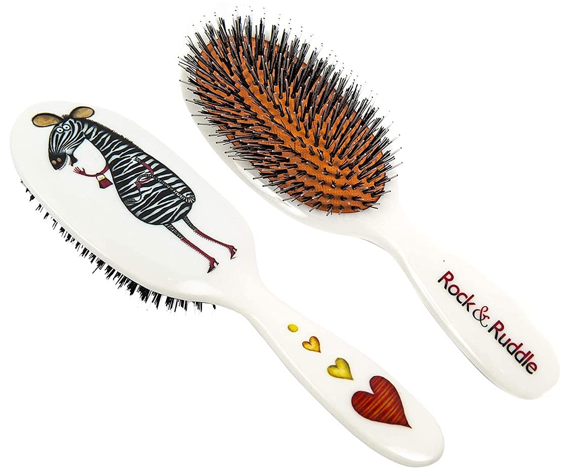 Rock & Ruddle Natural Mixed Boar Bristle Hair Brush for Women and Kids (Large, 21cm) - Perfect for Wet or Dry Hair, Detangling Smoothing Blowdrying - Designed & Made in UK - Mrs Zebra Design