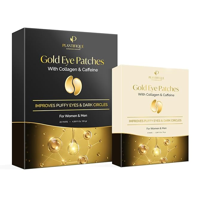 PLANTIFIQUE Gold Under Eye Patches for Puffy Eyes and Dark Circles 20+5 Pairs Under Eye Masks for Dark Circles and Puffiness Eye Gels with Collagen & Caffeine Anti Aging Gold Eye Mask Skincare
