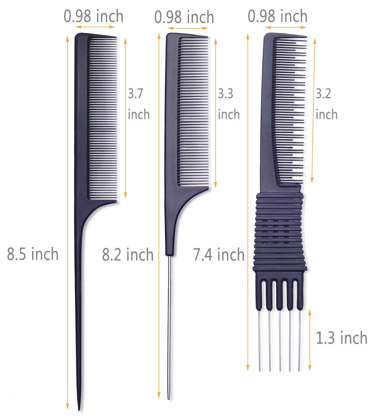 PERFEHAIR Teasing Comb for Fine Hair, (3-pack) Rat Tail Backcombing Volumizing Parting Wave Combs Tools for Women with Metal Pick