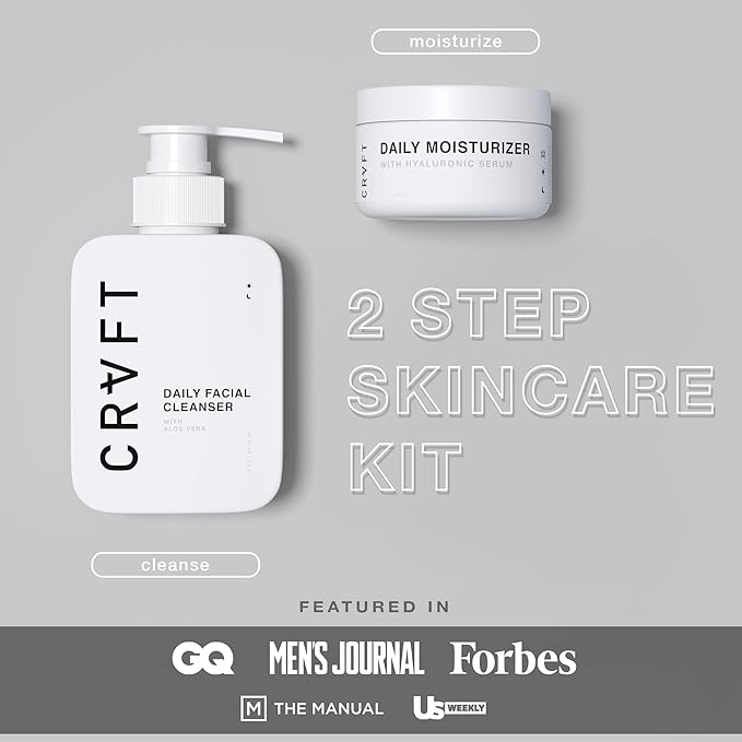 CRVFT 2-Step Men’s Facial Care Kit | Aloe Vera Face Wash 3oz | Hyaluronic Moisturizer 1oz | 2 Piece Complete Daily Face Care Routine | Look + Feel Your Best [Scented]