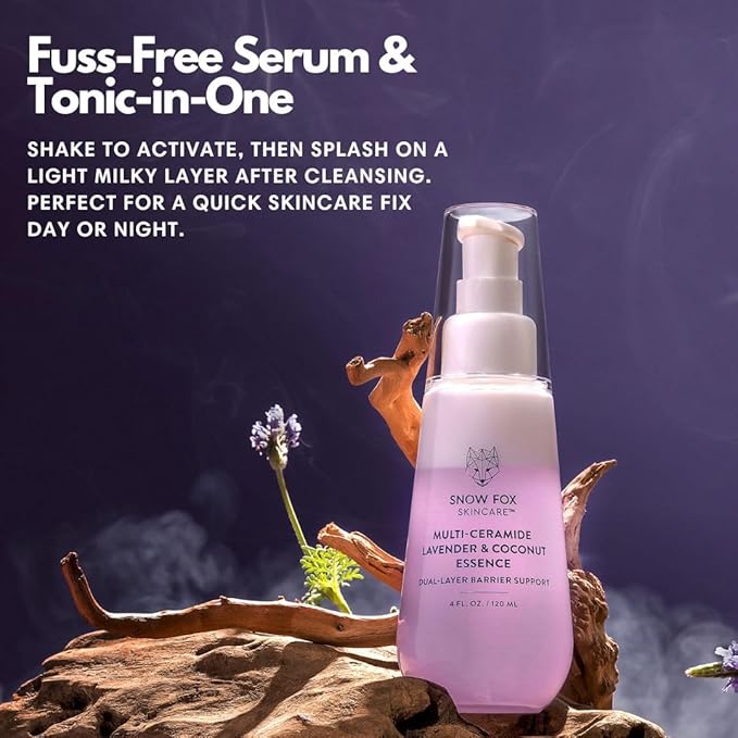 Snow Fox Skincare Goodnight Lavender Facial Cleansing Oil - Multi-Ceramide French Lavender & Coconut Essence Serum Bundle