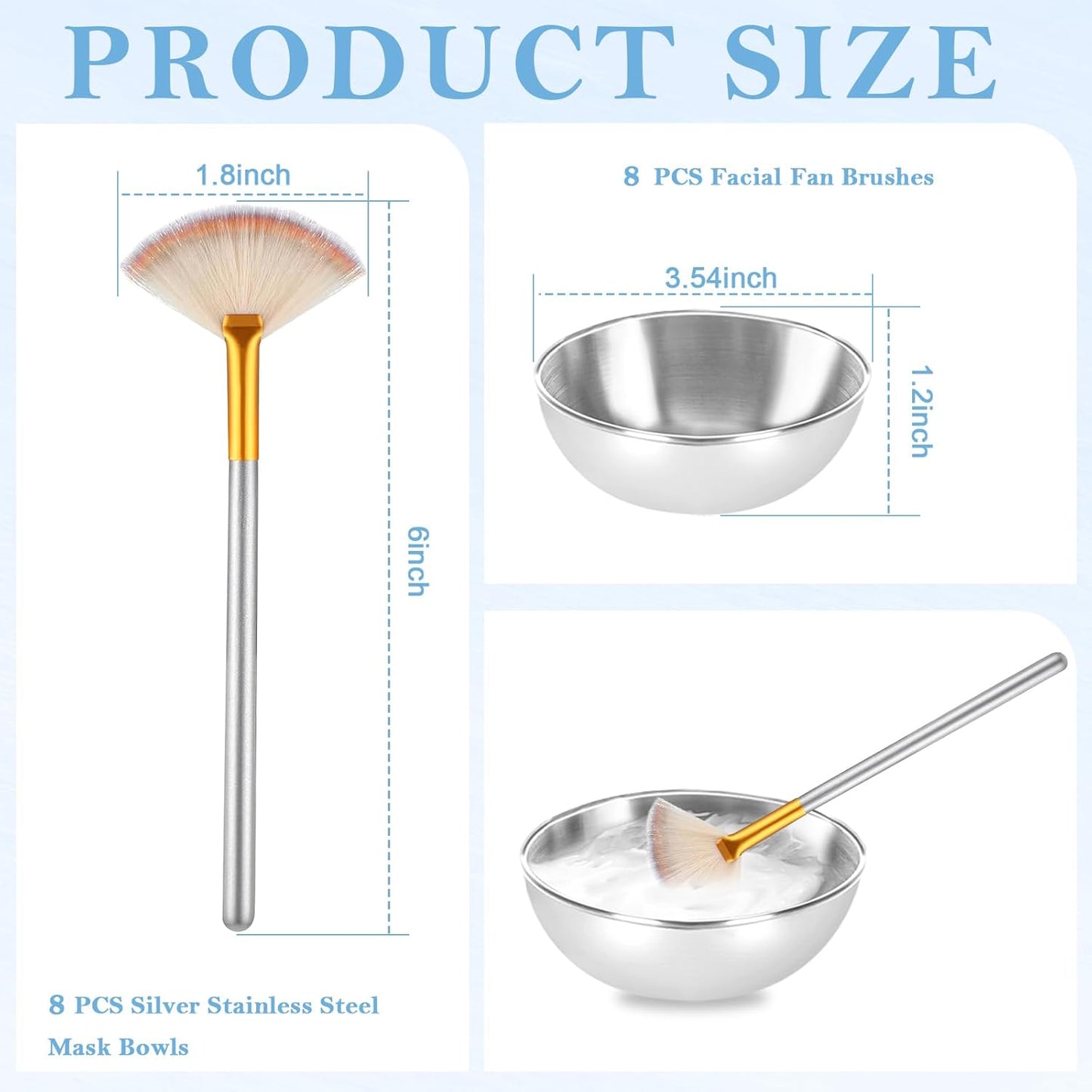16 Pcs Silver Esthetician Supplies 8 Facial Fan Brushes Esthetician 8 Silver Stainless Steel Mixing Bowls Face Mask Brush Facial Bowls Esthetician for Mud Cream Makeup Spa Salon Women
