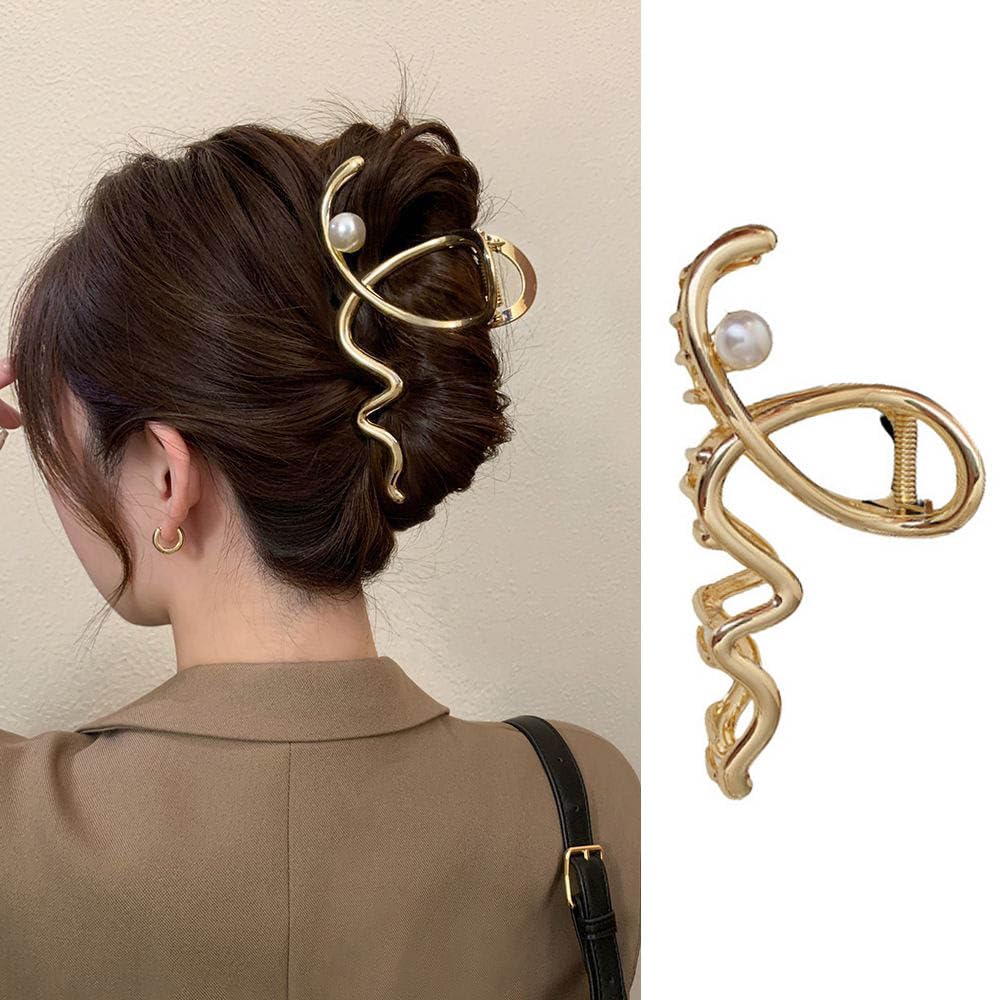Women's Hair Accessories - Large Metal Claw Hair Clips with Gold Wave Pearl Design, Strong Hold, Non-Slip Barrette for Hair Styling