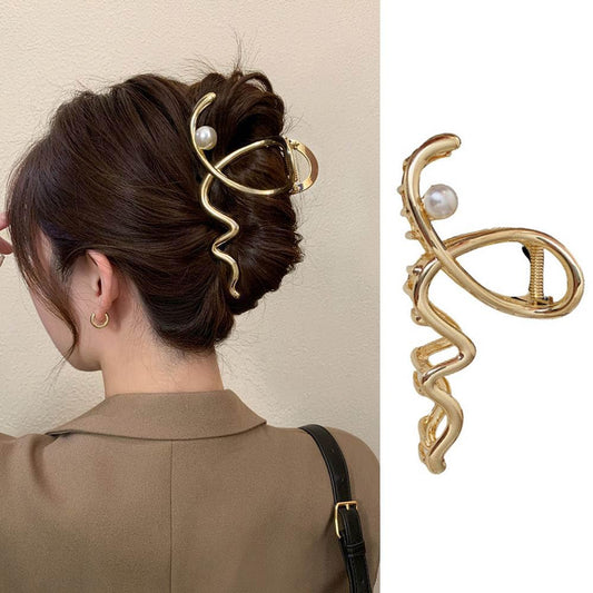 Women's Hair Accessories - Large Metal Claw Hair Clips with Gold Wave Pearl Design, Strong Hold, Non-Slip Barrette for Hair Styling