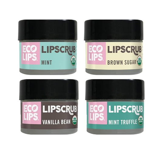Eco Lips LIP SUGAR SCRUB 4 Pack (4-0.25oz jars) 100% Organic Lip Care Treatment with Organic Sugar & Coconut Oil - Gently Exfoliate & Polish Dry, Flaky Lips (Variety 4-Pack)