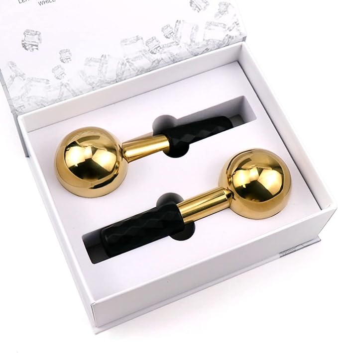 Facial Ice Globes and Roller, Cooling Massager for Face, Eyes and Neck, Cryotherapy Treatment for Puffiness, Dark Circles and Wrinkles (Gold)