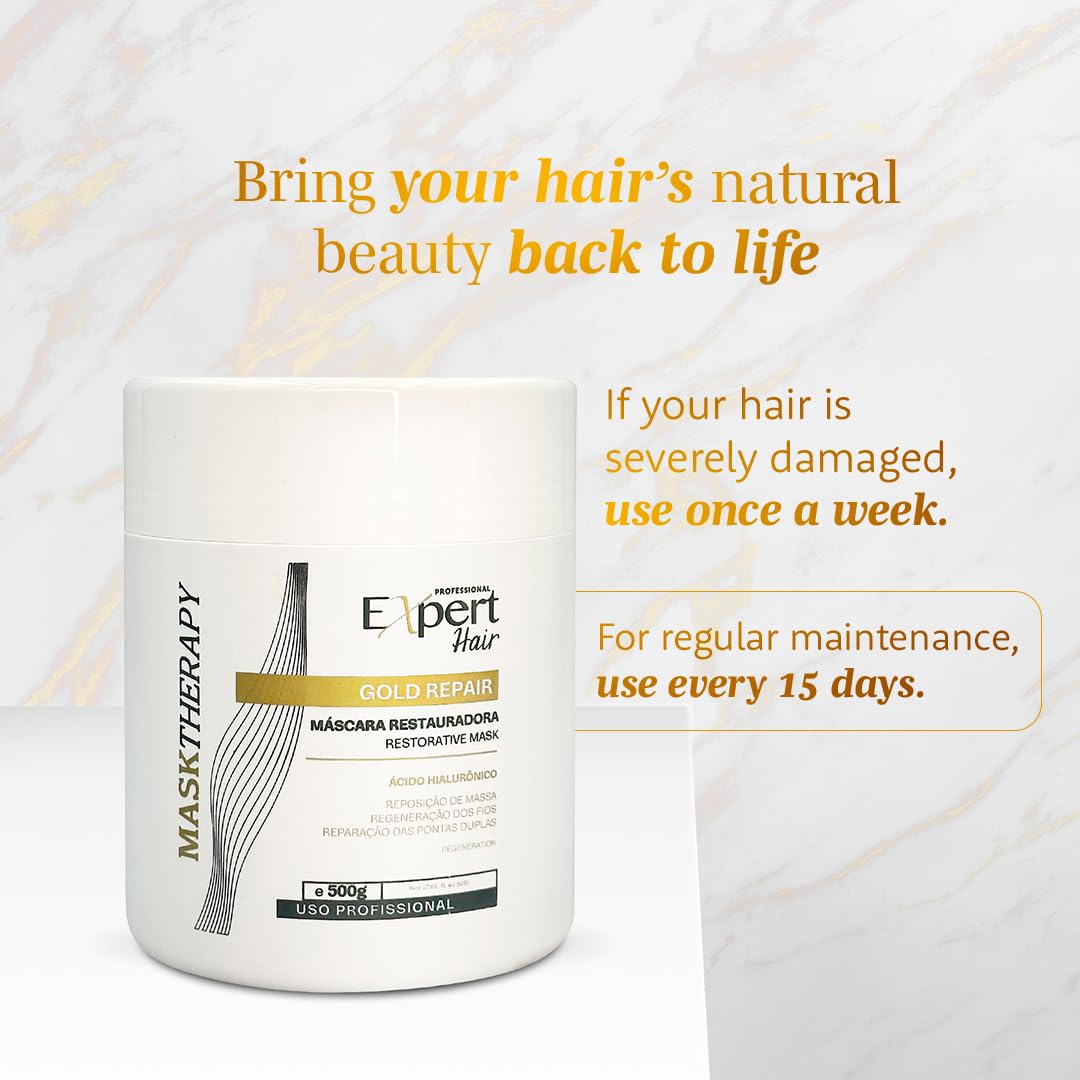 Expert Hair Gold - Restorative Hyaluronic Acid Mask to Repair Damaged Hair, Combat Dryness, Frizz & Split Ends (500g/17.6 Fl Oz)