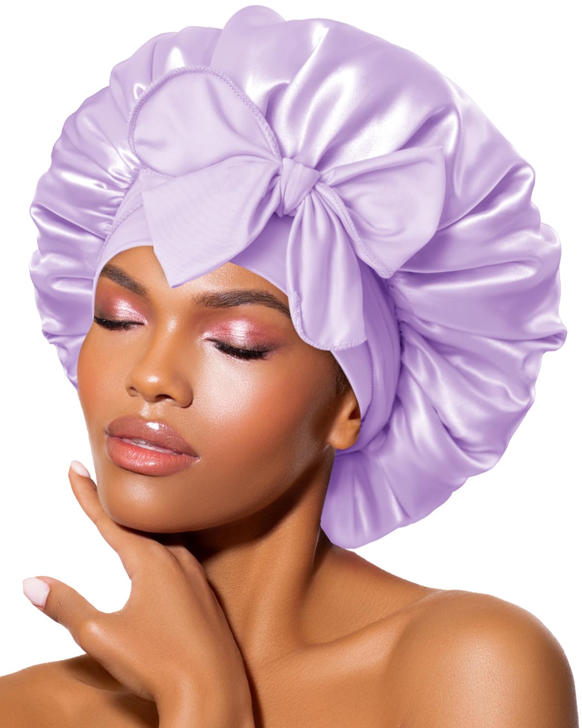 BONNET QUEEN Silk Bonnet Satin Bonnet Hair Bonnet for Sleeping Sleep Cap Bonnets for Women Girls Wig with Stretch Tie Band Edge Wrap Lilac