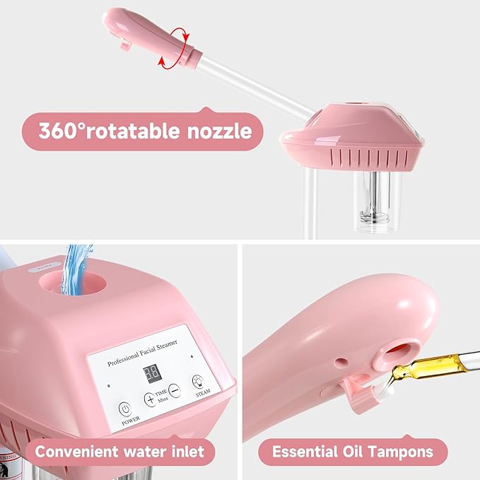 Professional Facial Steamer, Facial Steamer on Wheels, Ozone Facial Steamer, Standing Face Steamer, SPA Facial Steamer for Salon and at Home Use, Touch Control, Timing Function, Pink…