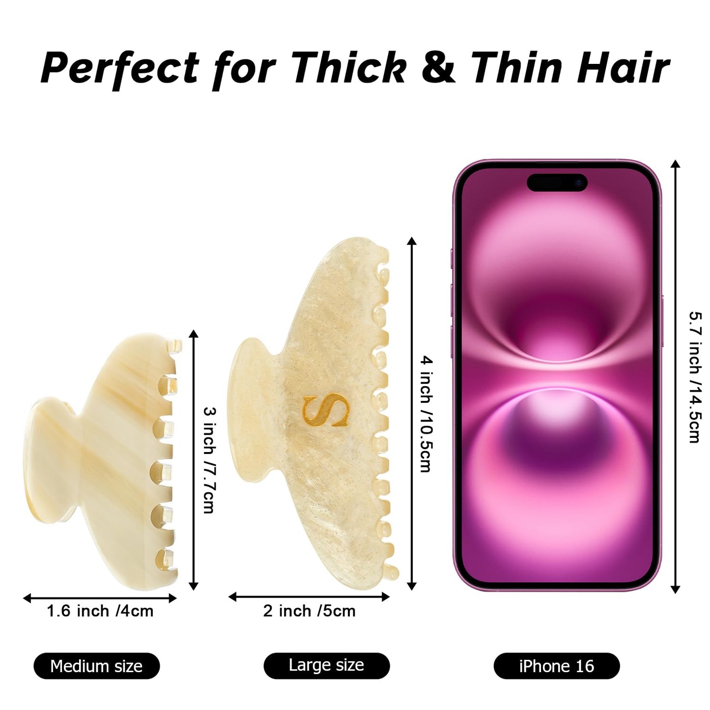 MAORULU 4 Inch Letter S Acrylic Hair Claw Clip for Women, Large Cute Marble Beige Glitter Alphabet Jaw Clips for Thick or Thin Hair, French Style Strong Hold Monogram Hair Accessories