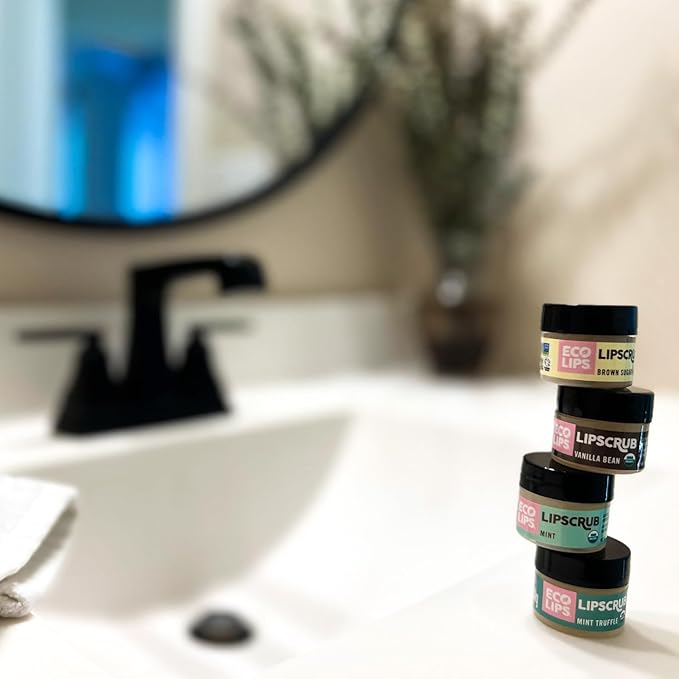 Eco Lips LIP SUGAR SCRUB 4 Pack (4-0.25oz jars) 100% Organic Lip Care Treatment with Organic Sugar & Coconut Oil - Gently Exfoliate & Polish Dry, Flaky Lips (Variety 4-Pack)