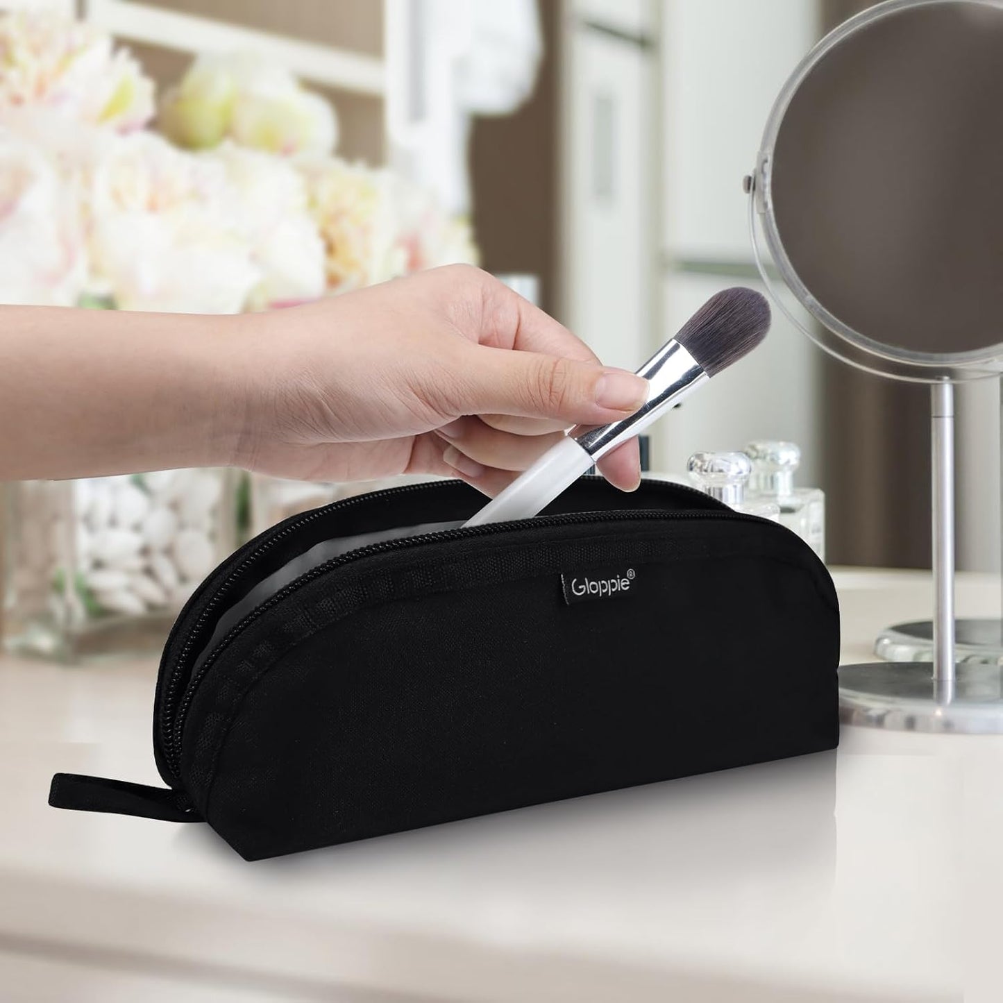 Gloppie Makeup Brush Holder Travel, Small Make Up Brush Organizer Pouch - Make Up Brush Traveling Case Portable Cosmetic Pouch, Holds 10 Brushes, Perfect for Traveling and Organization, Black