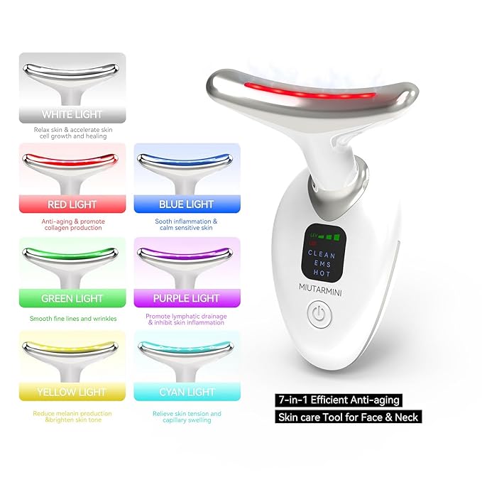 Facial Massager for Face and Neck, Red-Light-Therapy-for-Face and Neck, Face culpting Wand with 7 Color, at-Home Face Tool for Skin Care, Christmas Gifts for Women