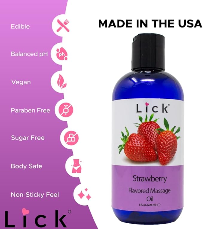 Lick Strawberry Bliss Edible Massage Oil – Natural, Sensual Body Oil for Couples, Hydrating, 8 oz