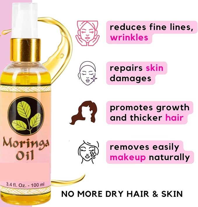 Moringa Oil 3.4 oz – Natural Face, Hair & Body Oil, 100% Pure, Cold-Pressed & Unrefined Moringa Seed Oil, Gluten-Free, Non-GMO, Vegan (100 ml)