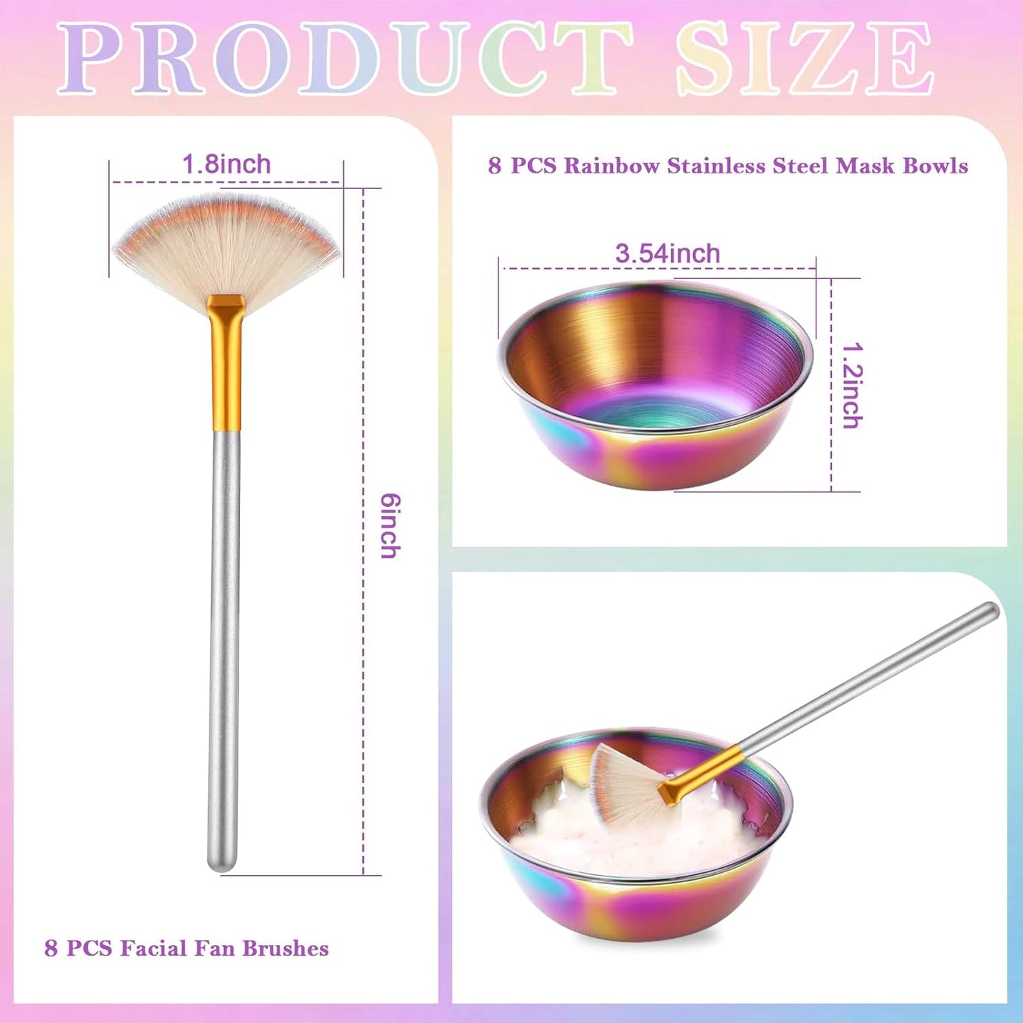 16 Pcs Rainbow Esthetician Supplies 8 Facial Fan Brushes Esthetician 8 Rainbow Stainless Steel Mixing Bowls Face Mask Brush Facial Bowls Esthetician for Mud Cream Makeup Spa Salon Women