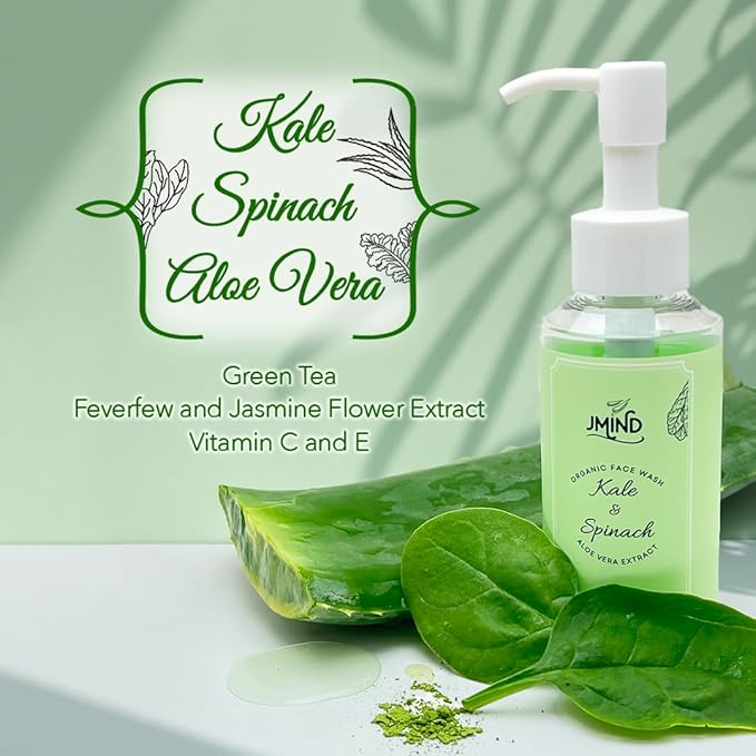 JMind Kale & Spinach Organic Face Wash - Vegan Daily Face Wash - Green Tea Facial Cleanser - pH Balanced - All Skins (3.38oz)