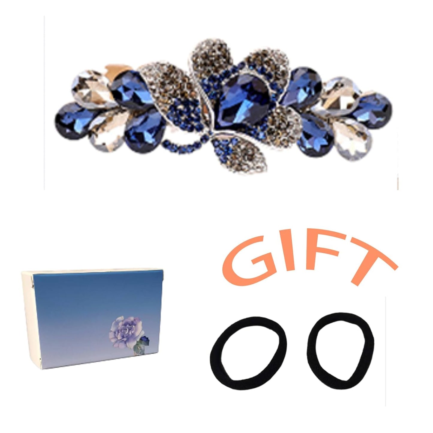A crystal hairpin with box, Elegant Crystal Hair Barrette, Blue and Silver Rhinestone Flower Design, Large Metal Hair Clip for Women and girls.