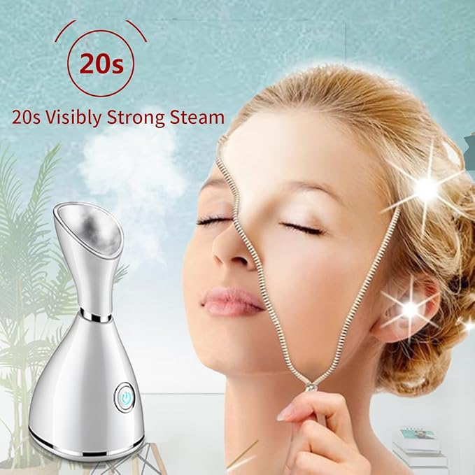 Facial Steamer-Nano Ionic Facial Steamer Warm Mist Humidifier Atomizer Sprayer Moisturizing Face Steamer Home Sauna SPA Face with 4 Piece Stainless Steel Skin Kit and Hair Band(White)