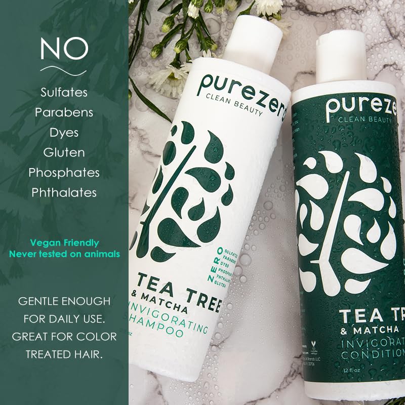 Purezero Tea Tree & Matcha Shampoo and Conditioner Set - Nourishing & Invigorating Scalp Treatment - Zero Sulfates, Parabens, Dyes Vegan and Cruely Free (12 Fl Oz (Pack of 2))