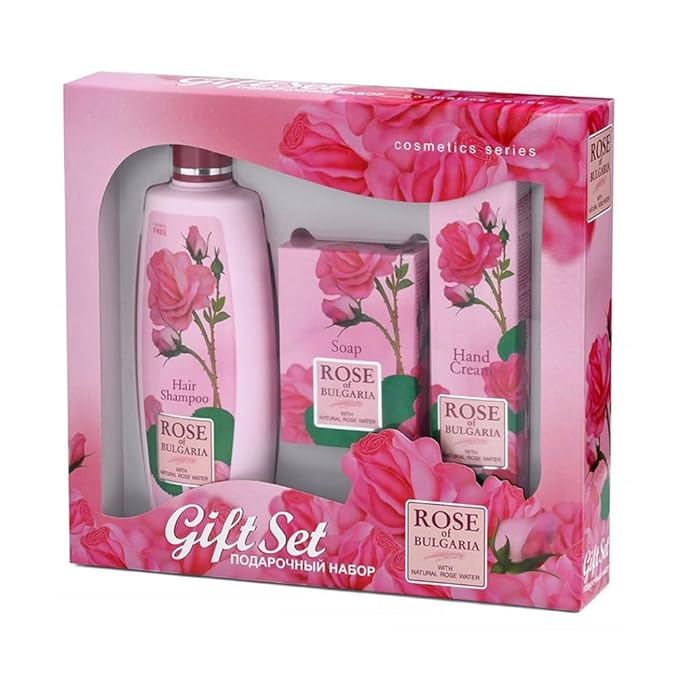 Rose of Bulgaria Gift Set for Women - Hair Shampoo, Cosmetic Soap, Hand Cream with Rose Water