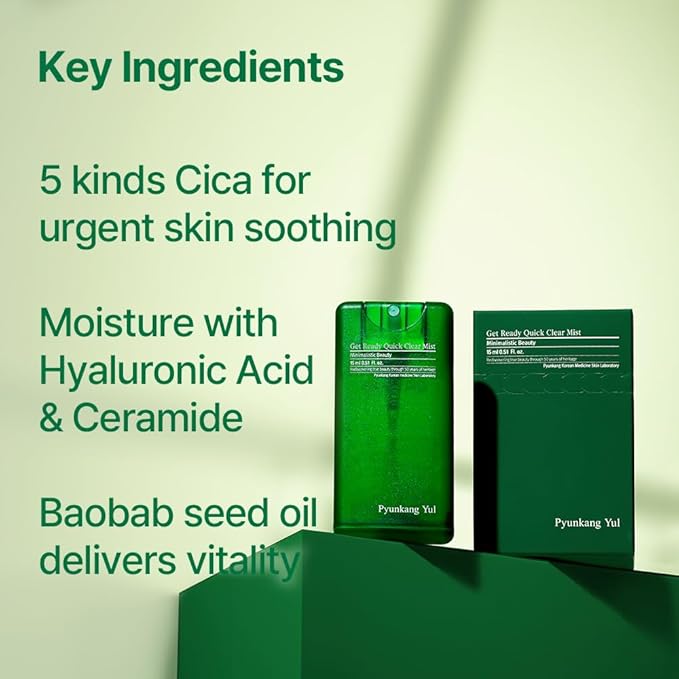Pyunkang Yul [PKY] Ultimate Get Ready Quick Clear Mist for Sensitive Skin, Intensely Calms & Soothes Redness with Cica & Tea Tree, Compact size, Korean Skincare (0.51 Fl. oz, 15ml)