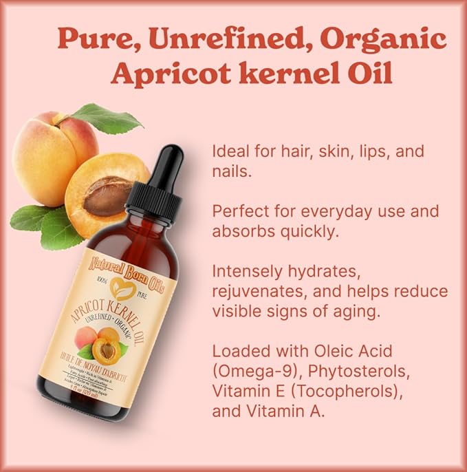 Natural Born Oils Apricot Kernel Oil. 16oz. 100% Pure and Natural, Cold-pressed, Organic Moisturizer Ideal for All Skin Types