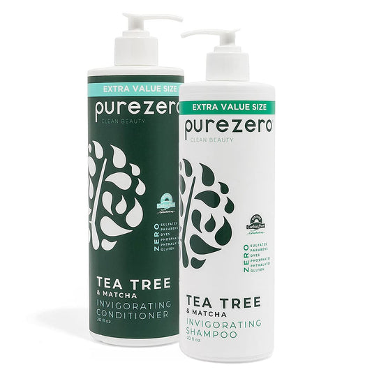 Purezero 20 oz Tea Tree & Matcha Shampoo and Conditioner Set - Nourishing & Invigorating Scalp Treatment - Zero Sulfates, Parabens, Dyes Vegan and Cruelty Free