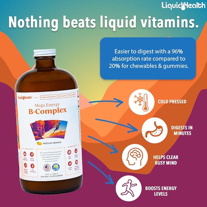 LIQUIDHEALTH 32 Oz Vitamin B Complex B1, B2, B2, B3, B3, B5, B5, B6, B6, Methyl B12 Liquid,