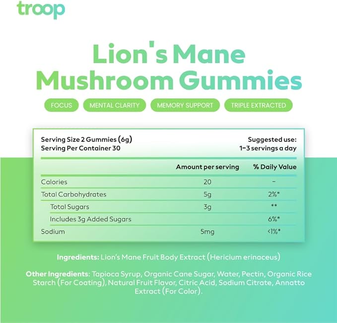 Troop Mushroom Lion's Mane Gummies, Supplement 60 Count