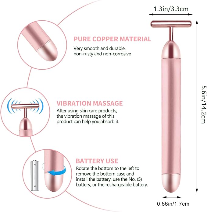 2 Pack T Shape Face Massager Beauty Bar Golden & Pink Facial Massager, Portable Electric Vibration Face Neck Body Massager for Firming Lifting Anti Aging Skin Tightening Wrinkle Reducing